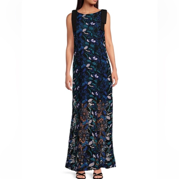 Abbey Glass Michelle Floral Lace Dress Sz M Boat Neck Bow Shoulder Gown NWT